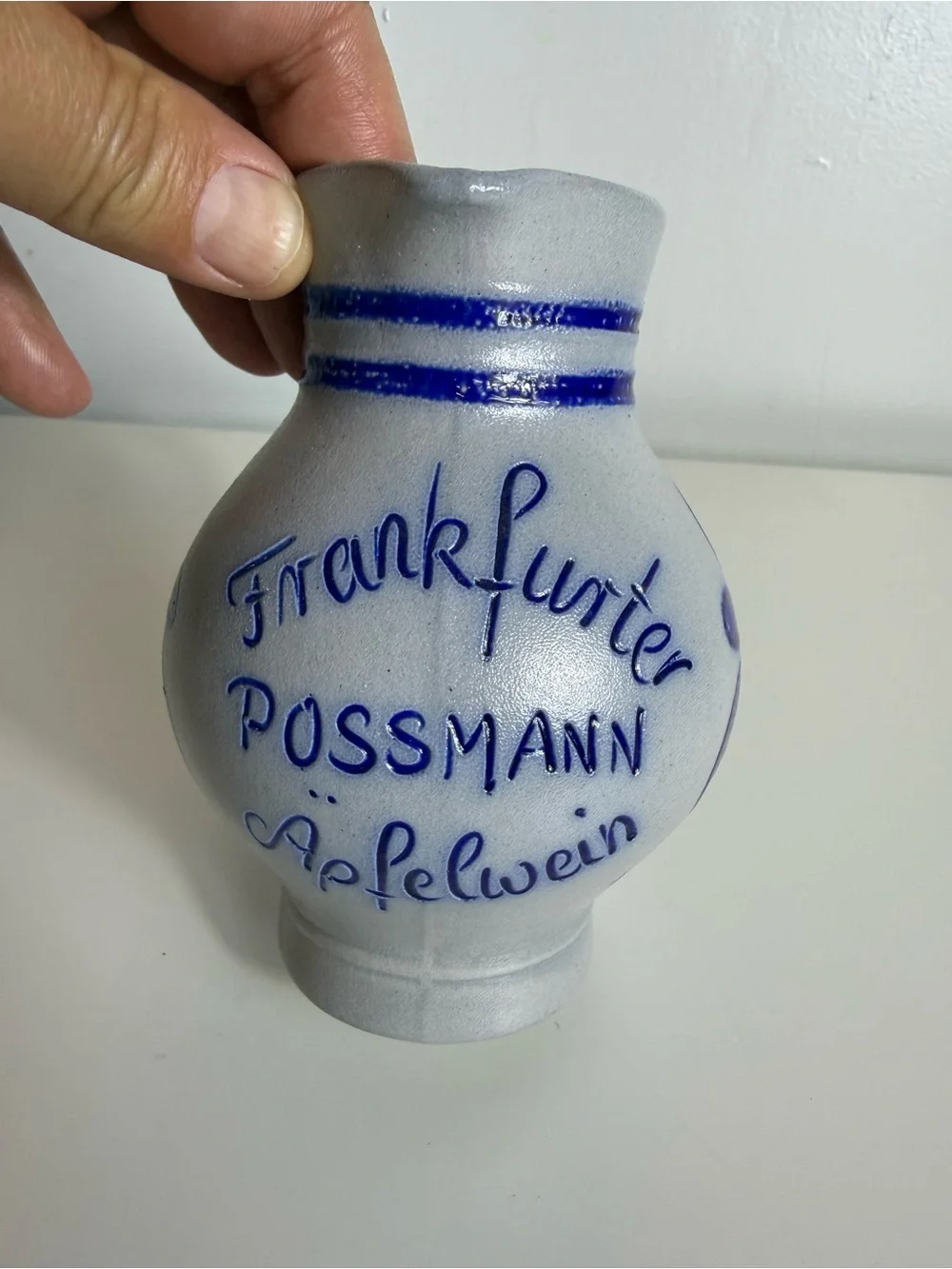 Frankfurter Possmann Apfelwein German‎ Pottery Pitcher Blue Gray Collectible